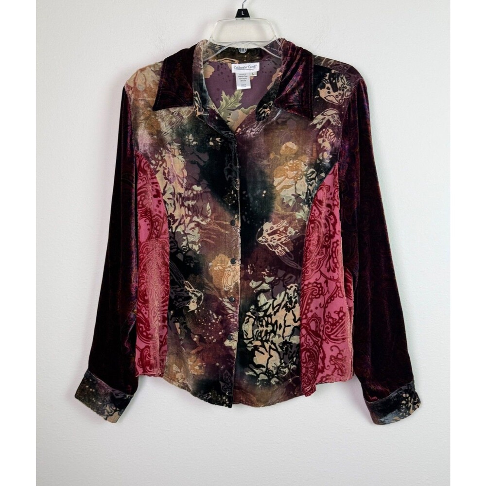 Coldwater Creek Silk Blend Velvet Burnout Floral Button Front Shirt Large Artsy